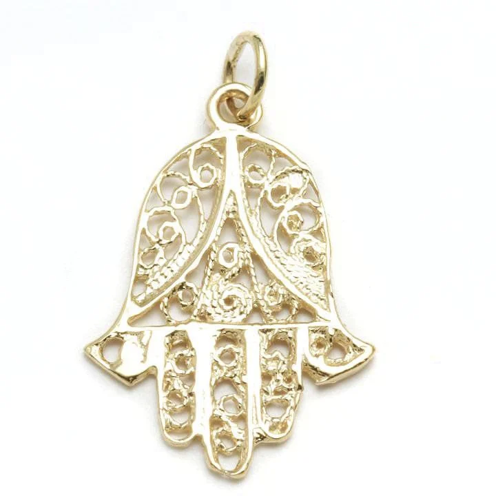 14k Yellow Gold Filigree Hamsa Pendant Yemenite