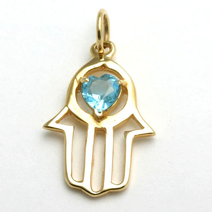 14k Yellow Gold Hamsa Blue Topaz Heart Pendant