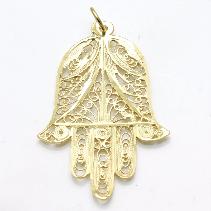 14k yellow gold Hamsa Large filigree hand Pendant Israel