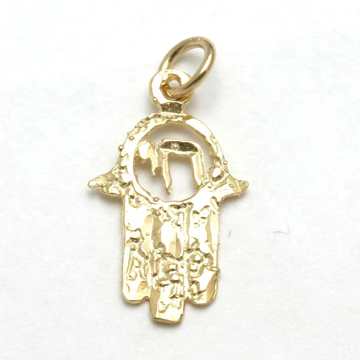 14k Yellow Gold Hamsa Pendant Chai Small