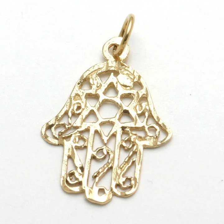 Yellow Gold Hamsa Star of David Pendant Filigree