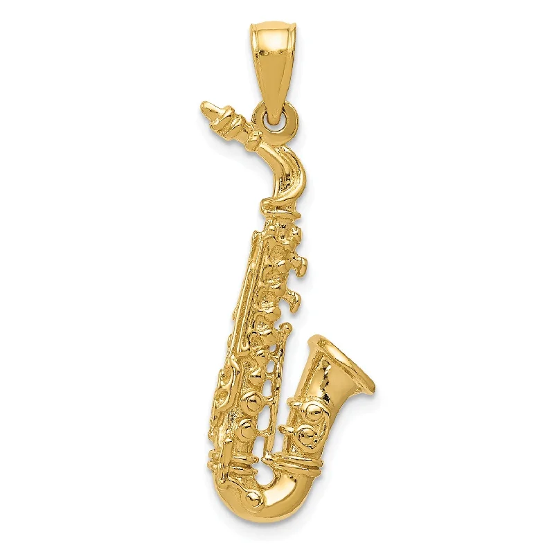 14KT Yellow Gold 35X10MM Three Dimensional Saxaphone Pendant. Chain Not Included