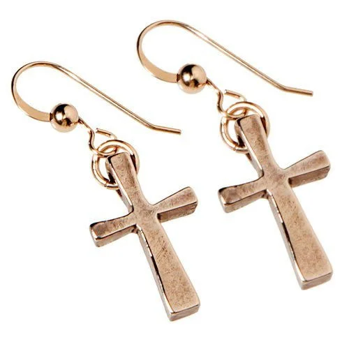 Delicate Cross Peace Bronze Earrings on French Hooks