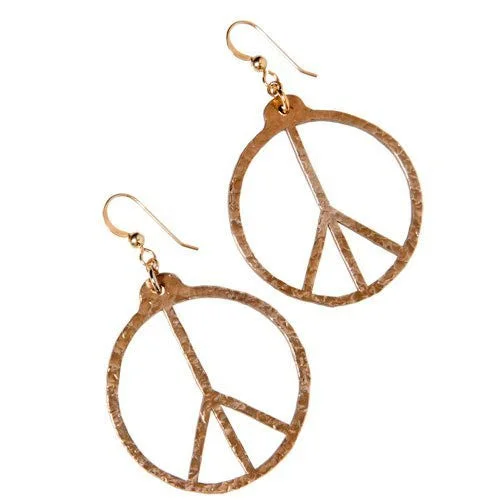 Hand Hammered Delicate Peace Symbol Peace Bronze Earrings on French Hooks