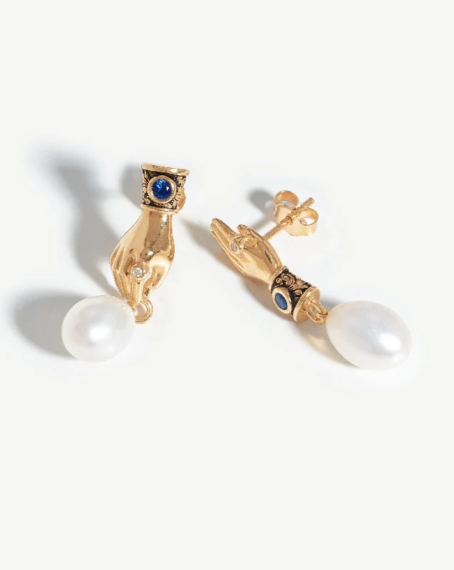 Harris Reed Fine Handpicked Drop Earrings | 14ct Solid Gold/Pearl & Blue Sapphire