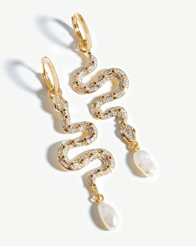 Harris Reed Fine Serpent Drop Earrings | 14ct Solid Gold/Pearl & Diamond