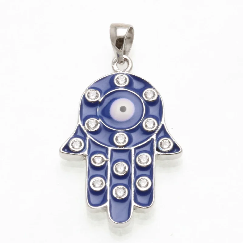 Sterling Silver Blue Enamel Evil Eye CZ Hamsa Pendant