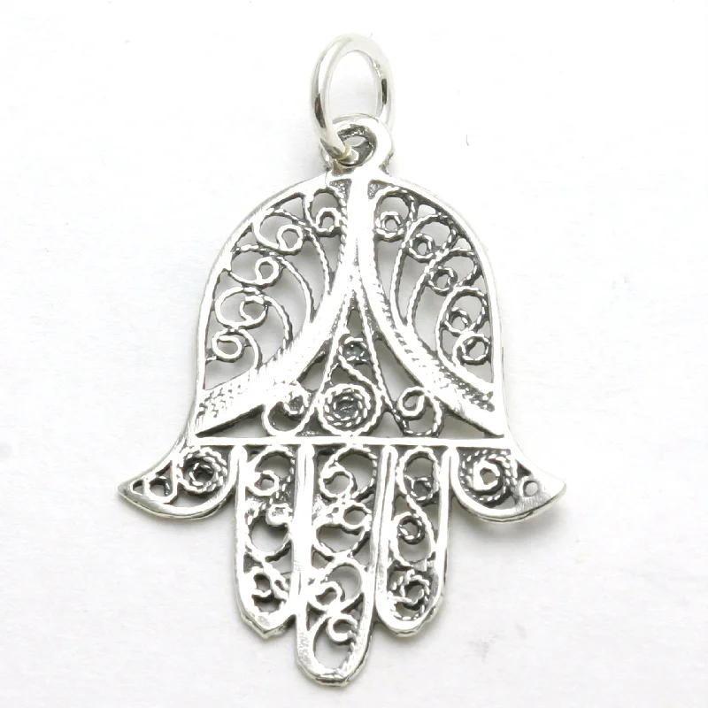 Sterling Silver Filigree Hamsa Pendant Hand Oxidized