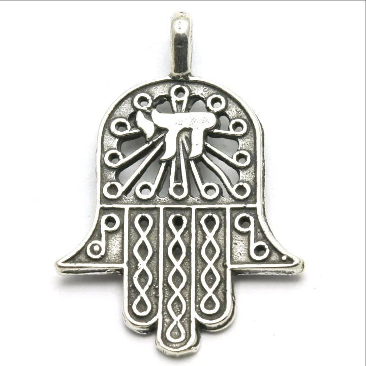 Sterling Silver Hamsa Chai Pendant Oxidized Pendant