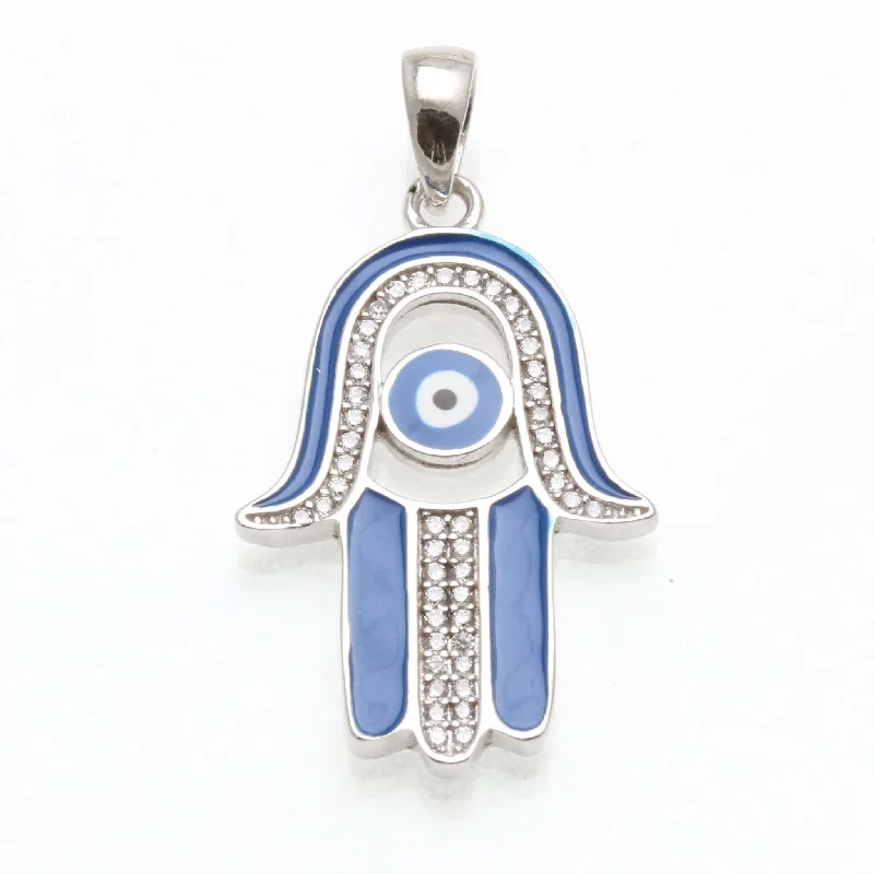 Sterling Silver Hamsa Evil Eye Blue Enamel CZ Pendant