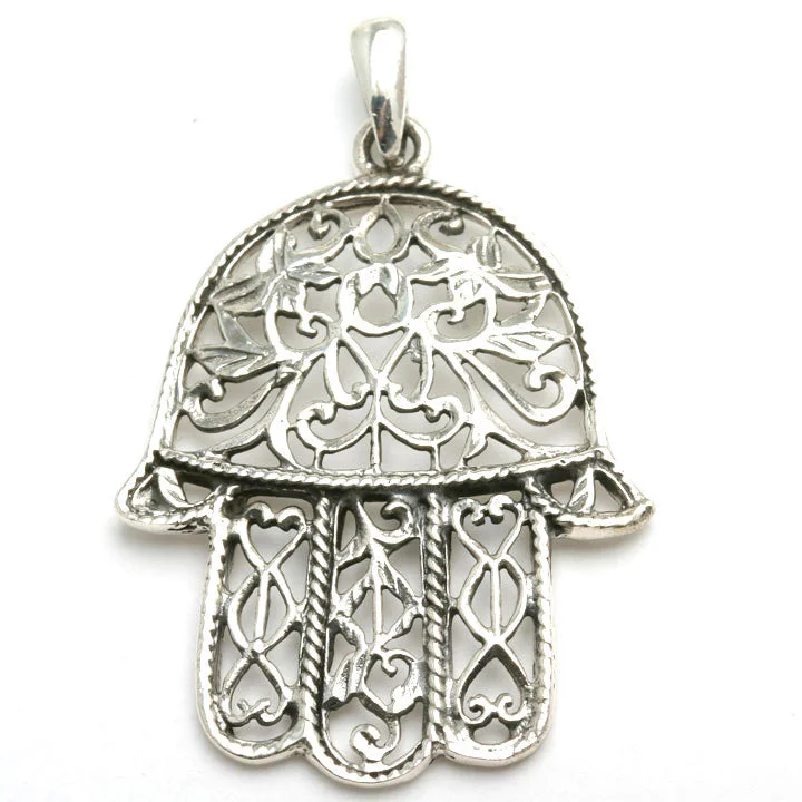 Sterling Silver Hamsa Filigree Pendant Large Oxidized