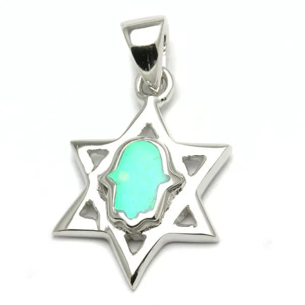 Sterling Silver Jewish Star of David Hamsa Opalite Pendant