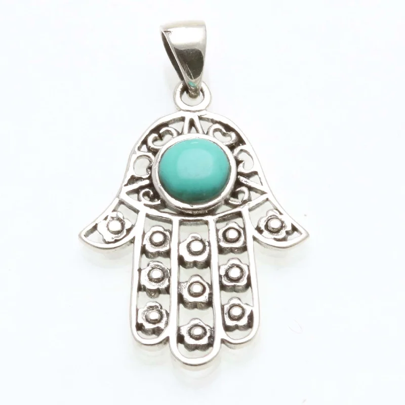 Sterling Silver Turquoise Filigree Hamsa Hand Pendant Oxidized