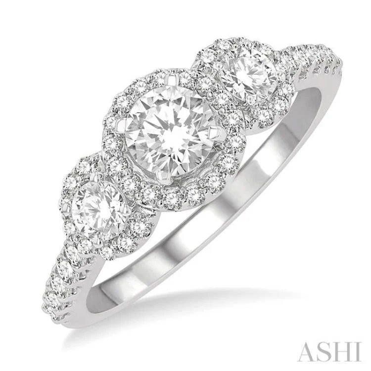 1 Ctw Past, Present & Future Diamond Engagement Ring With 3/8 ct Round Cut Center Stone in 14K White Gold