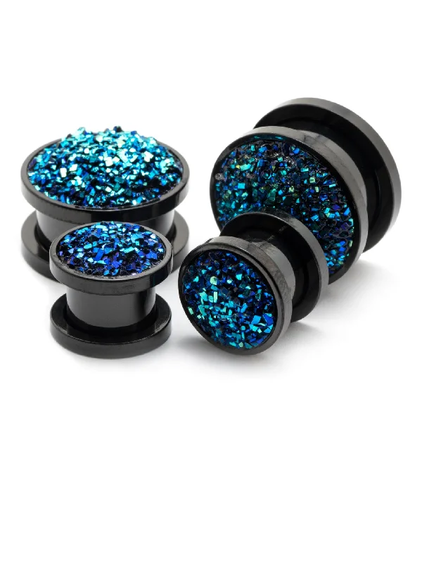 Blue Druzy Stone Black Threaded Steel Plugs