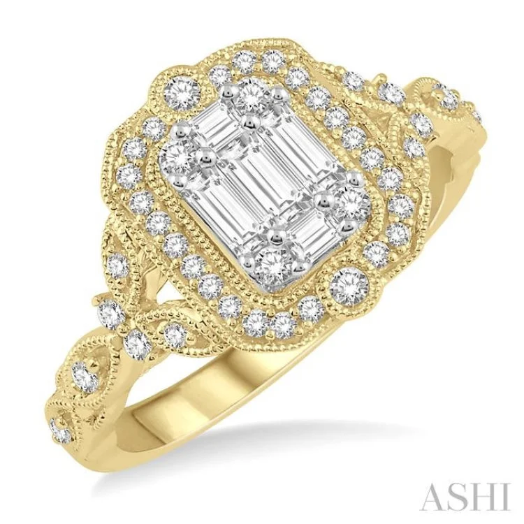 5/8 Ctw Intricate lattice Round Cut and Baguette Diamond Ring in 14K Yellow and white gold