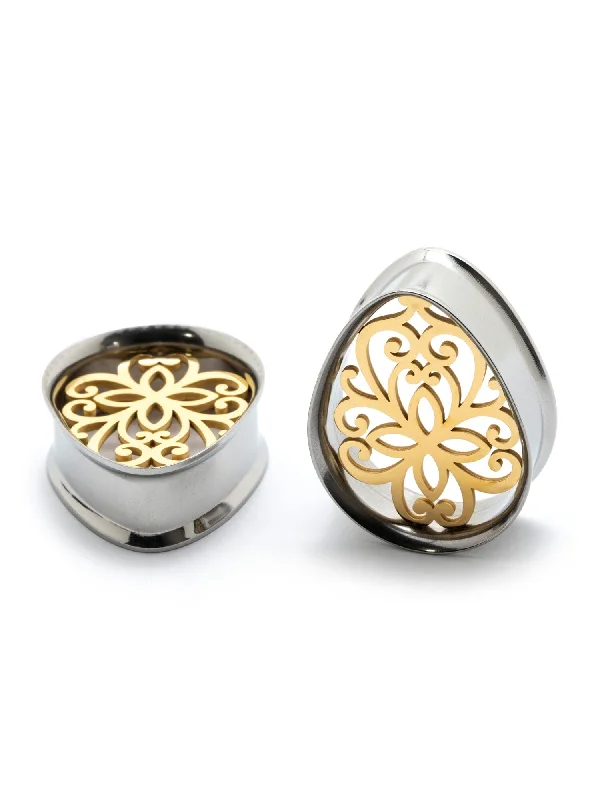 Gold Filigree Center Double Flared Steel Teardrop Plugs