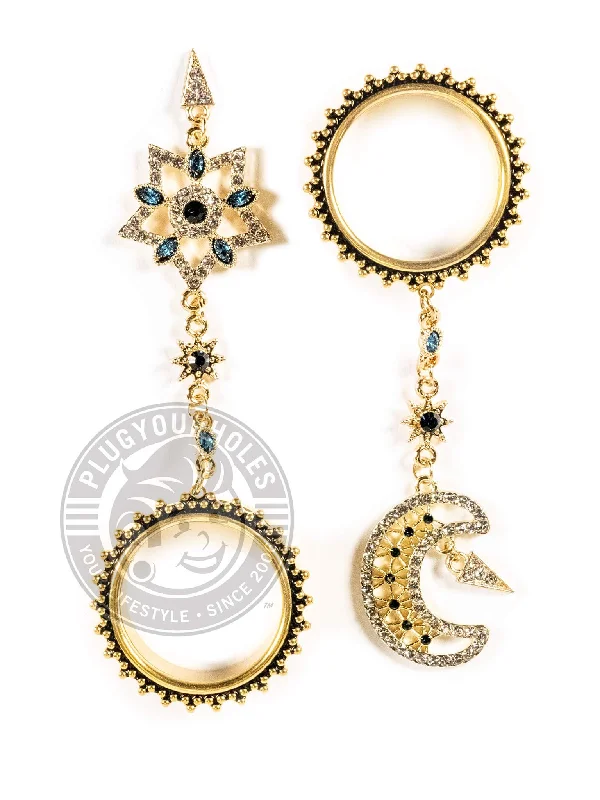 Gold Moon & Star Dangle Beaded Threaded Steel Tunnels