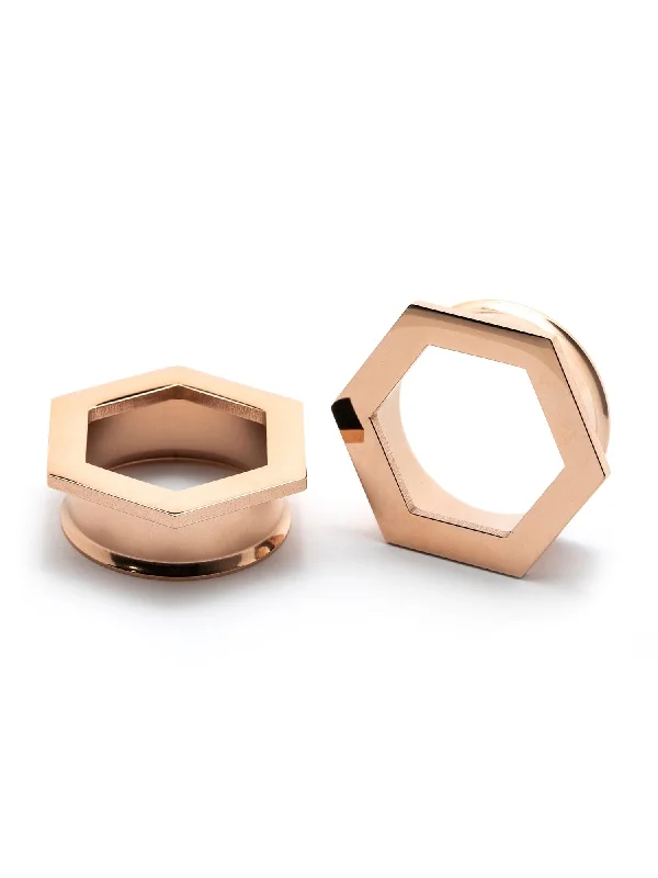 Rose Gold Hexagon Double Flared Steel Tunnels