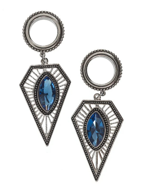 Sapphire Diamond Triangle Dangle Beaded Threaded Steel Tunnels