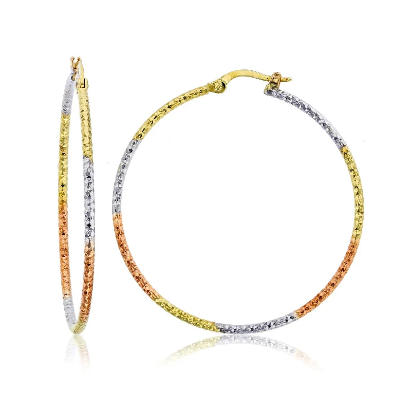 14KT Gold Tri-Color 1.5X40MM Diamond-cut Hoop Earrings