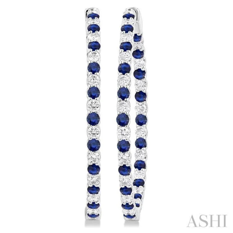 2.5MM Round Cut Sapphire and 2 1/2 ctw Round Cut Diamond Precious Inside-Out Alternating Hoop Earrings in 14K White Gold