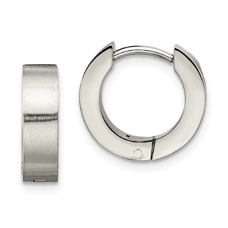 Stainless Steel Brushed & Polished Round Hinged Hoop Earrings