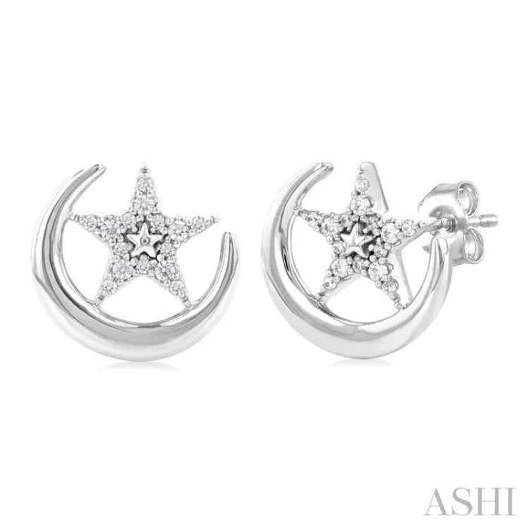 1/8 ctw Petite Crescent Moon and Star Round Cut Diamond Fashion Stud Earring in 10K White Gold