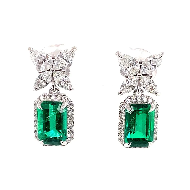 18K White Gold Emerald and Diamond Cluster Drop Earrings