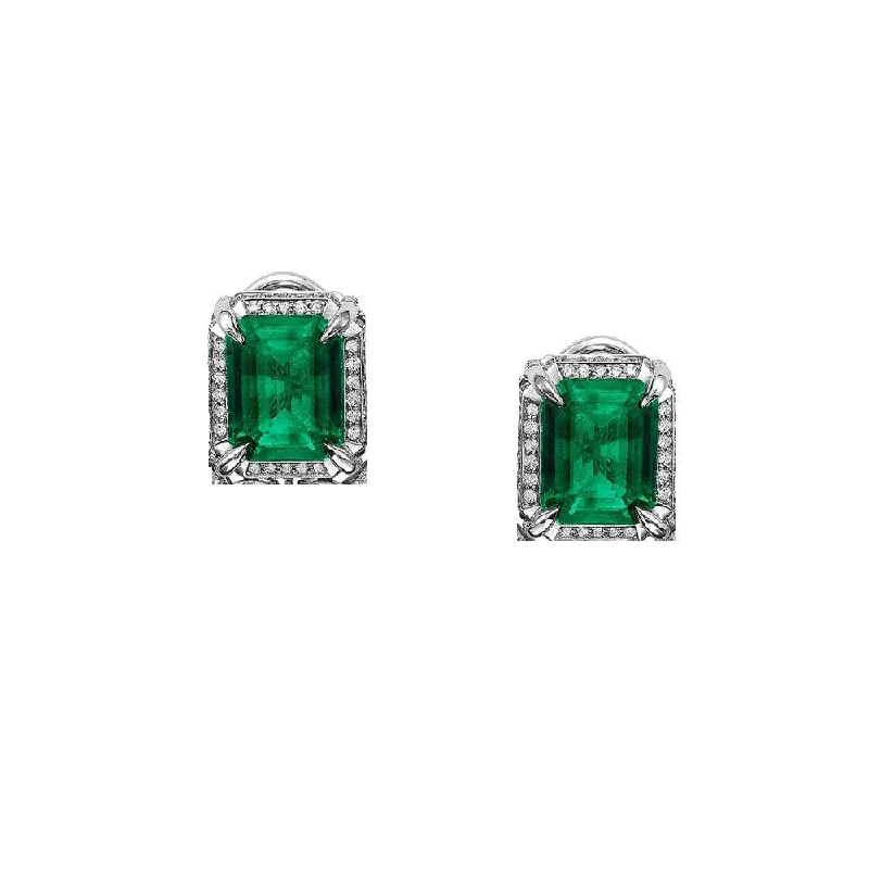 18K White Gold Emerald and Pave Diamond Wrap Stud Earrings