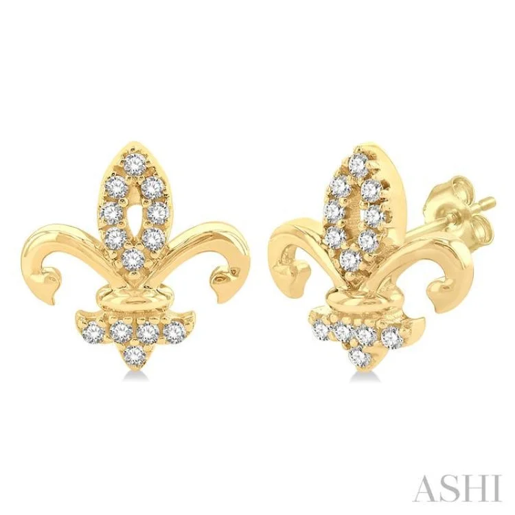 1/8 ctw Petite Fleur De Lis Round Cut Diamond Fashion Stud Earring in 10K Yellow Gold