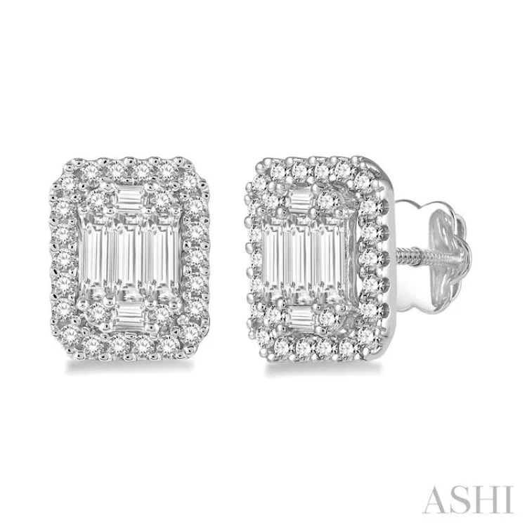 3/4 Ctw Octagonal Baguette & Round Cut Diamond Stud Earrings in 14K White Gold