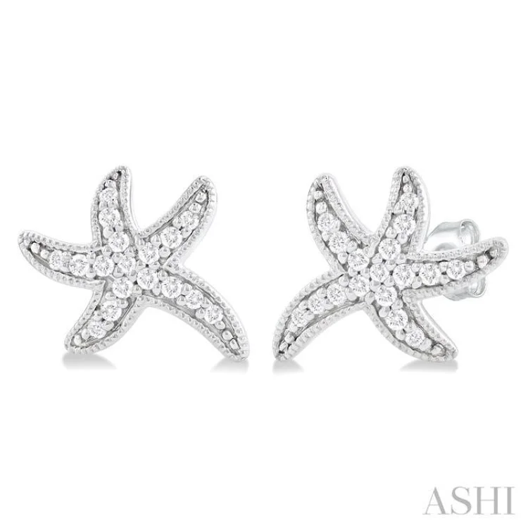 1/8 ctw Petite Milgrain Starfish Round Cut Diamond Fashion Stud Earring in 10K White Gold