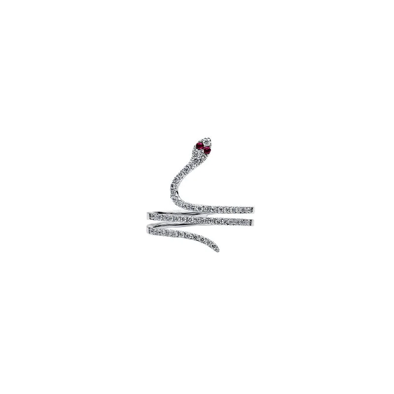 18 Karat White Gold Snake Ring with Diamonds and Rubies