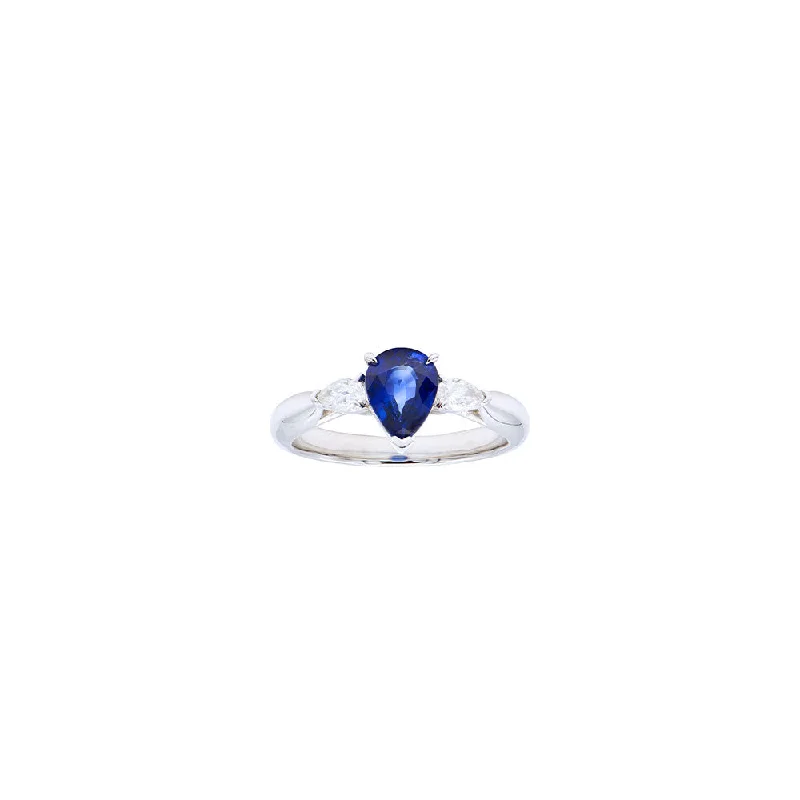 18 Karat White Gold Three Stone Ring with Pear Shape Sapphire