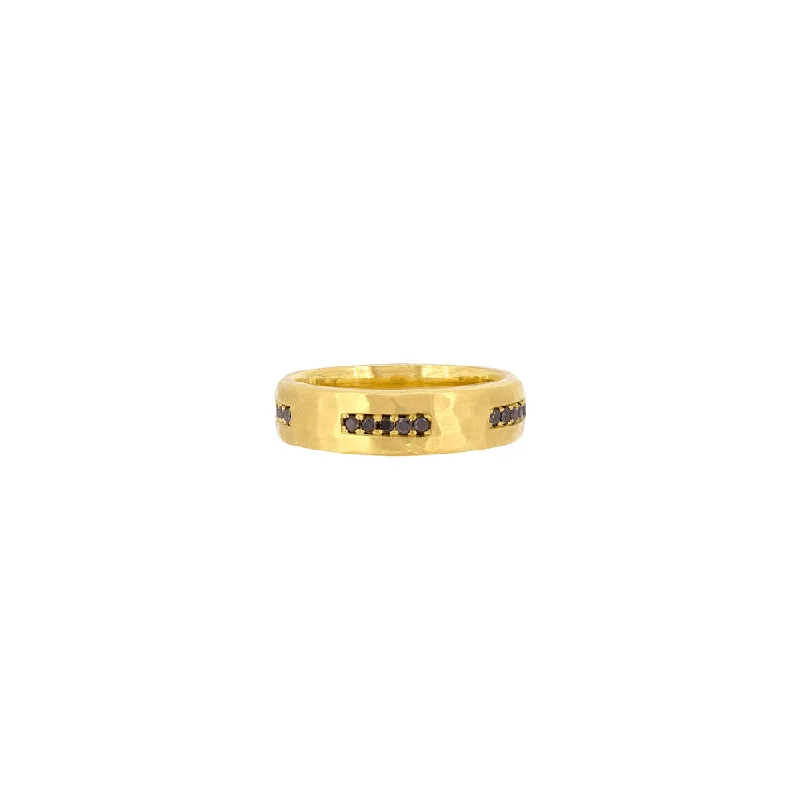 18 Karat Yellow Gold Hammered Matte Band with Black Diamonds