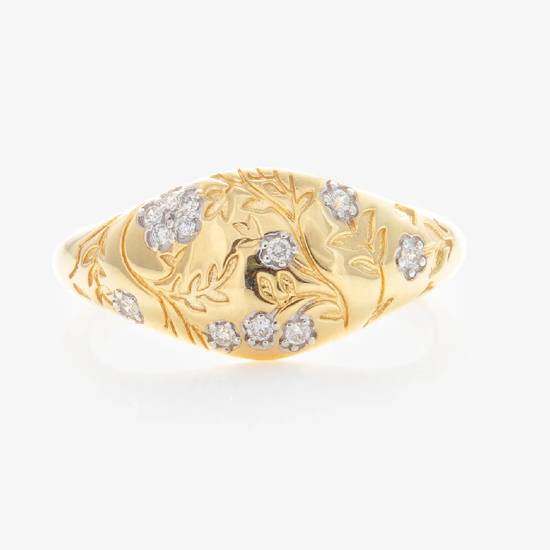 Solid Gold Floral Etched Diamond Pinky Ring