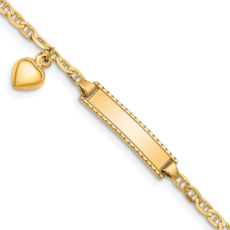 Engravable 14KT Yellow Gold 6-inch 5MM Anchor Link Heart ID Bracelet