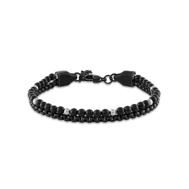 Beaded Onyx and Black Stainless Steel 8.5-inch Bracelet