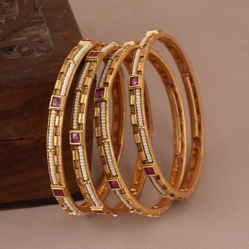 Cute delicate pearl ruby gold plated bangle set (Set of 4)