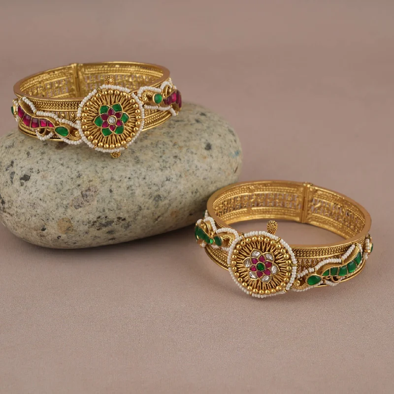 Gorgeous peacock inspired gold finish kundan stone kada bangle