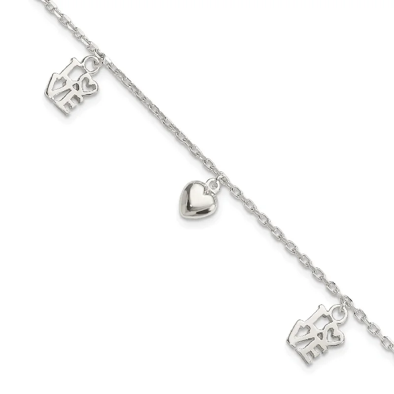 Sterling Silver  Love & Heart Dangle Heart Bracelet